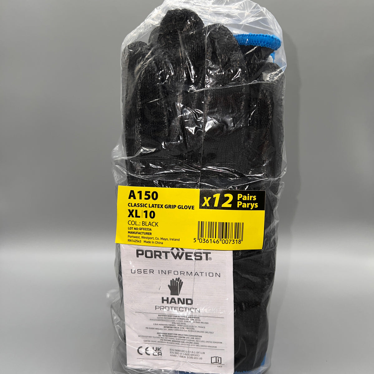 A150 Rubber Palm Grip Working Safety Gloves - XL - Front
