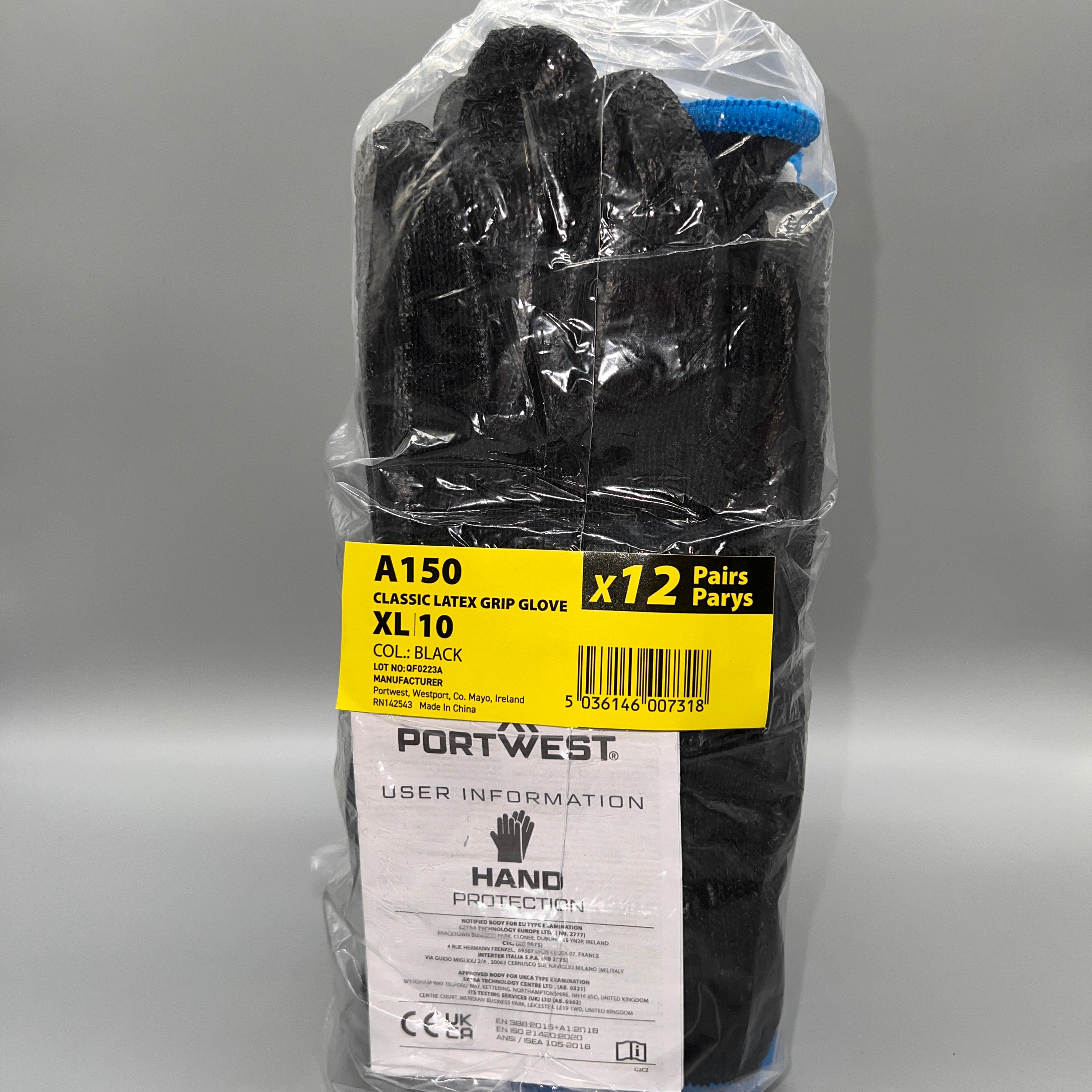 A150 Rubber Palm Grip Working Safety Gloves - XL - Front