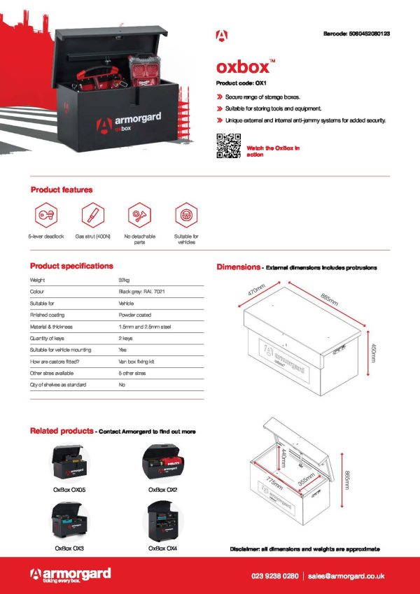 Armorgard OX01 Site Lockable Tool Safe - Data Sheet