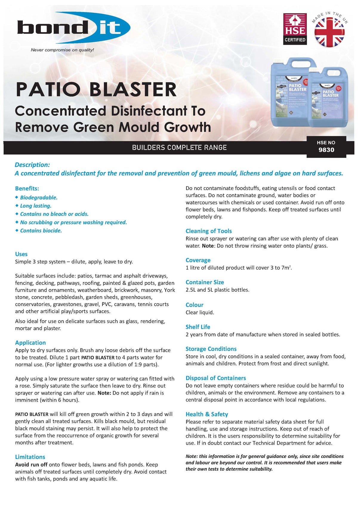 Bond IT - Concentrated Patio Blaster & Cleaner - Data Sheet 1