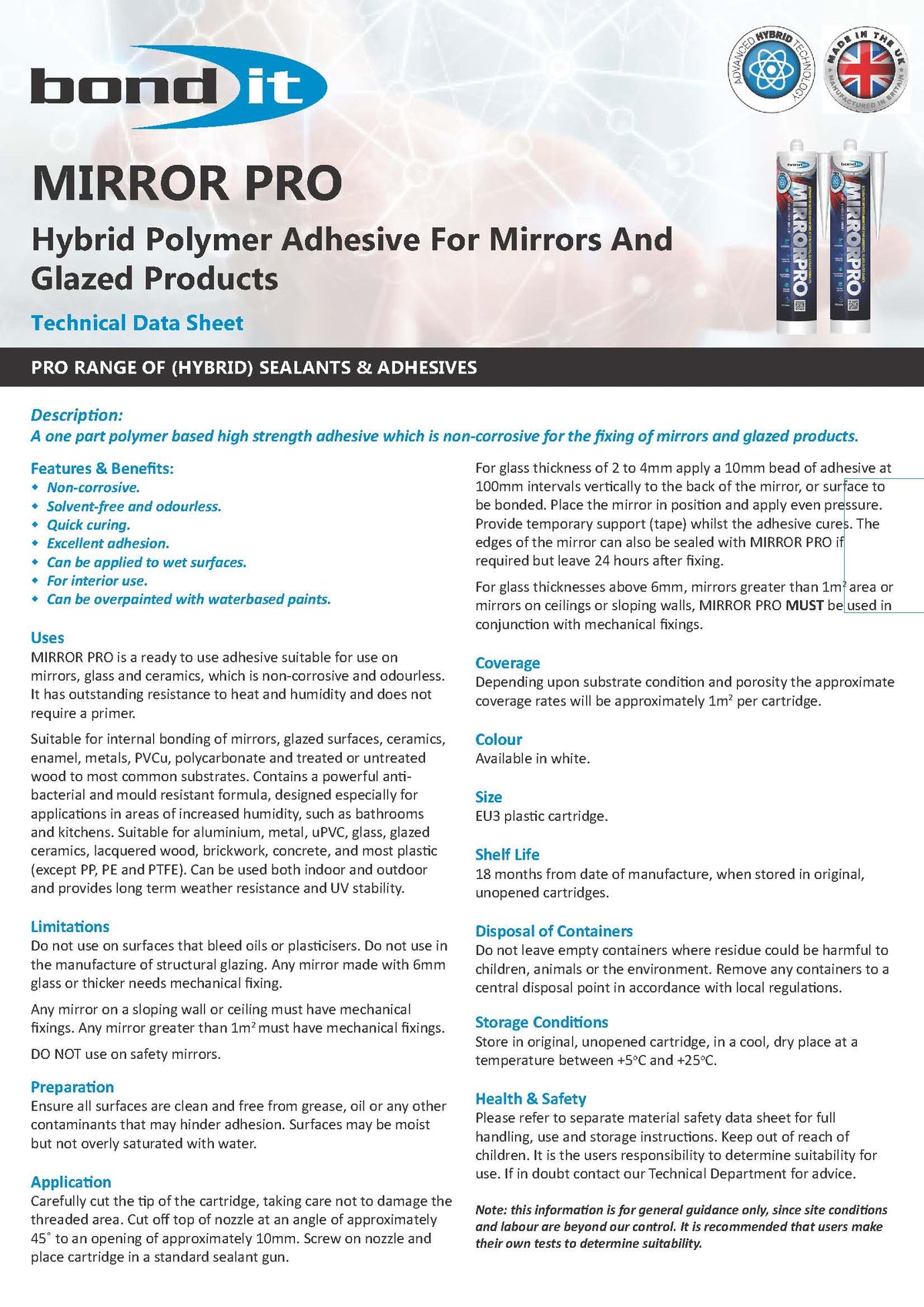 Bond IT - Mirror Pro Hybrid Adhesive & Sealant 310ml - Data Sheet 1