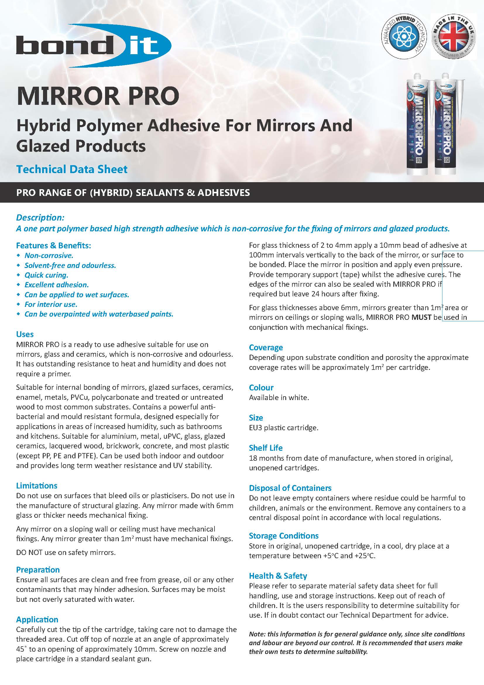 Bond IT - Mirror Pro Hybrid Adhesive & Sealant 310ml - Data Sheet 1