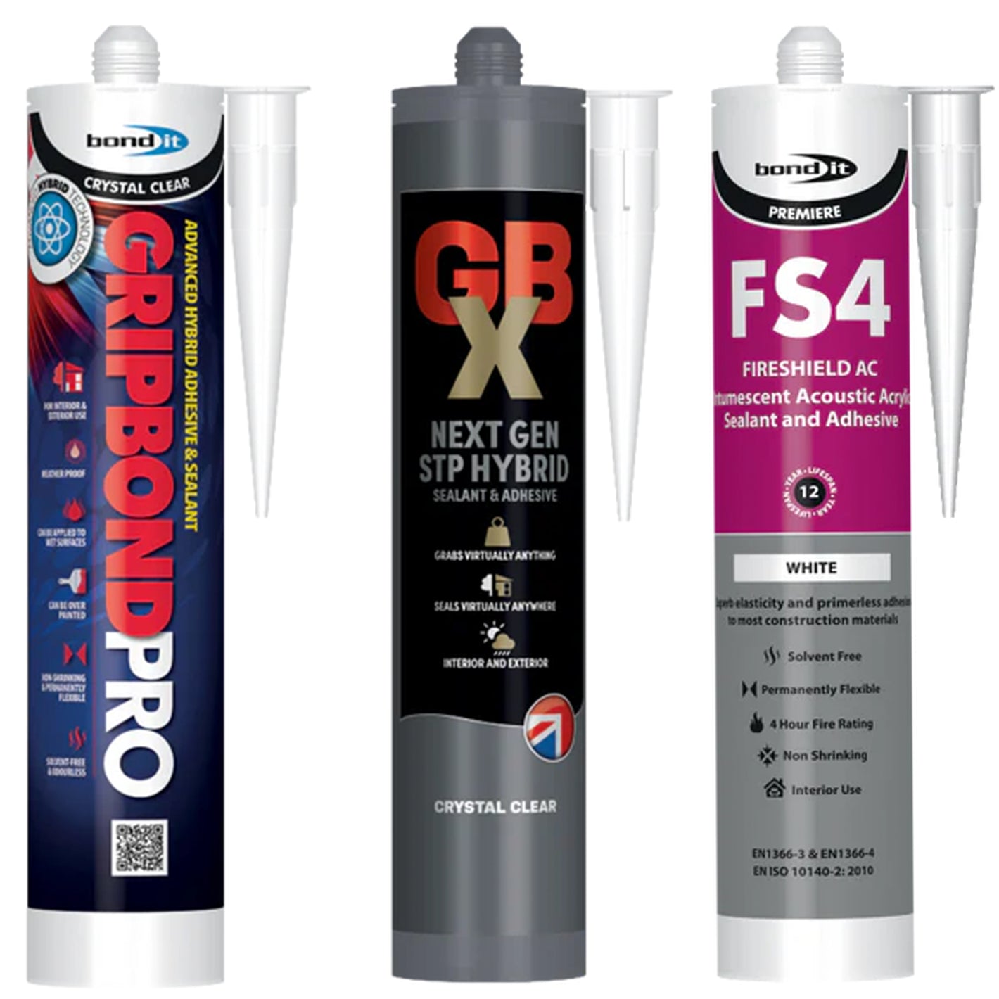 An Image of GBX, Gripbond Pro & FS4 Adhesives on a white background
