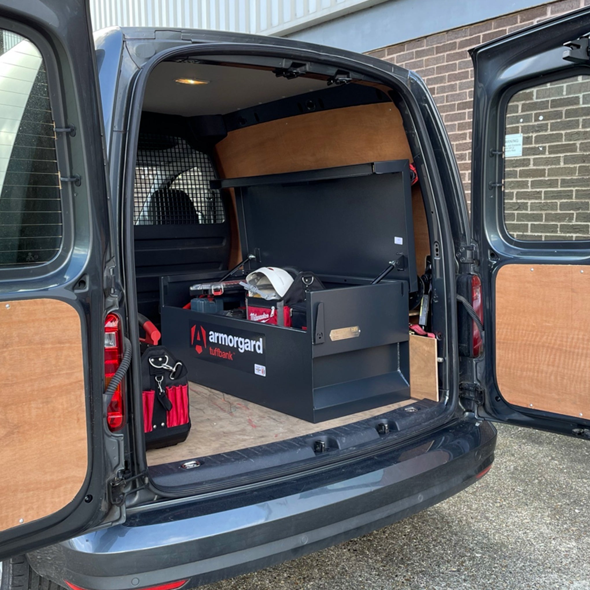 An image of one of armorgards tool vaults in the back of a van