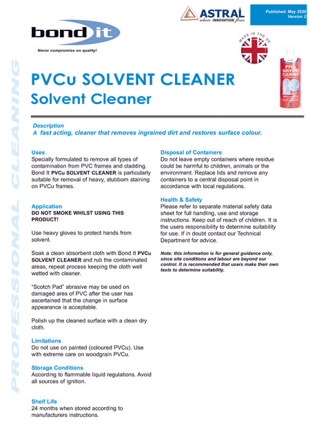 Bond IT - PVCu Frames & Surrounds Solvent Cleaner 1L - Data Sheet 1