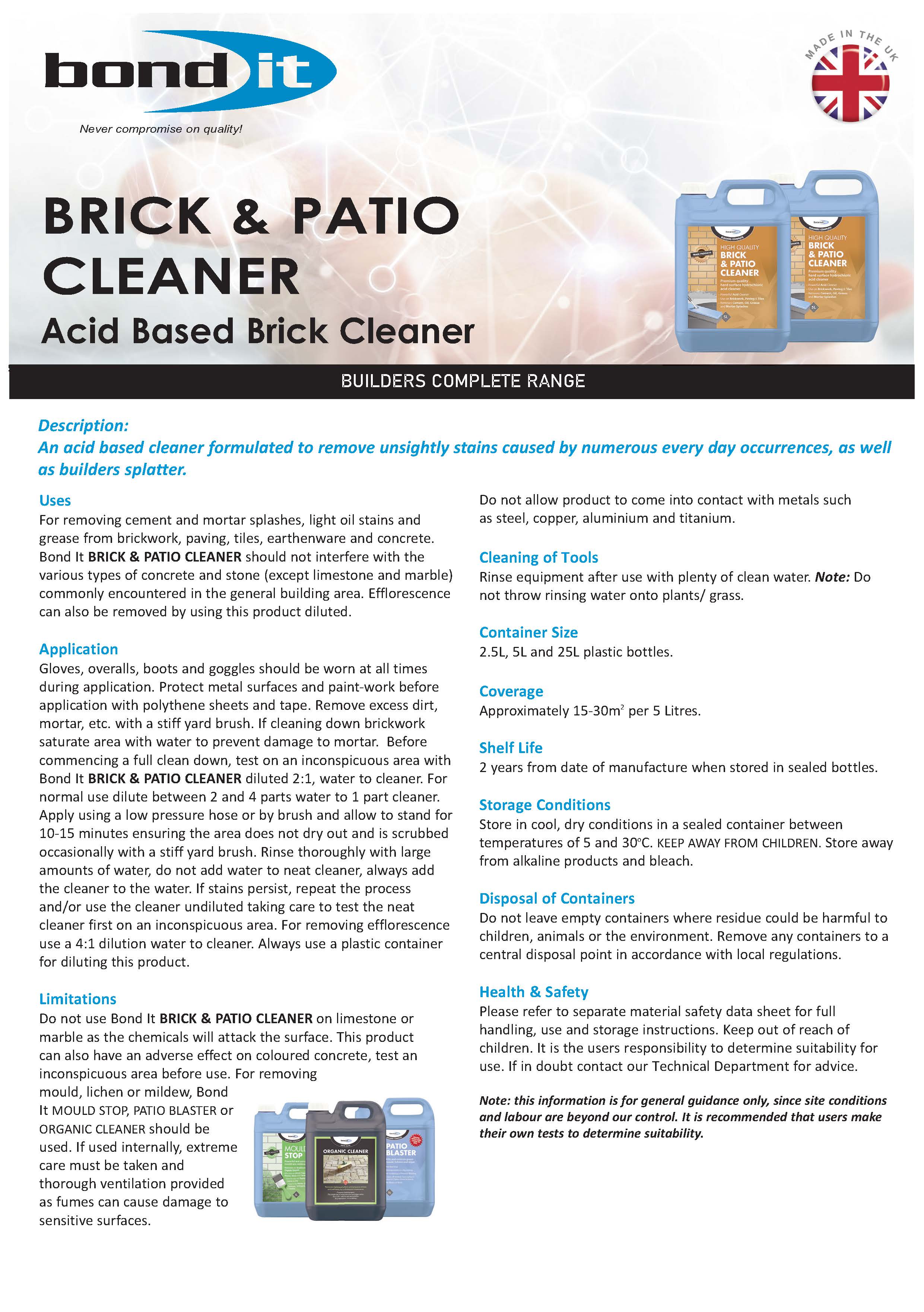 Bond IT - High Quality Brick & Patio Cleaner 5L - Data Sheet 1