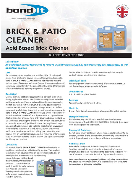 Bond IT - High Quality Brick & Patio Cleaner 5L - Data Sheet 1