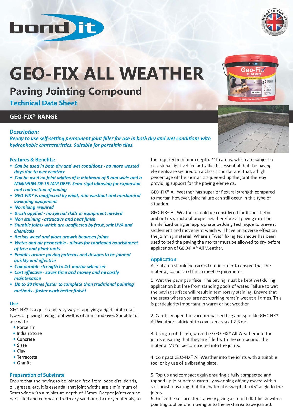 Bond IT Geo-Fix Paving Joint Compound Mid Grey – Ready-to-Use, Weatherproof, Durable Solution for Patios, Driveways, and Pathways - Data Sheet 1