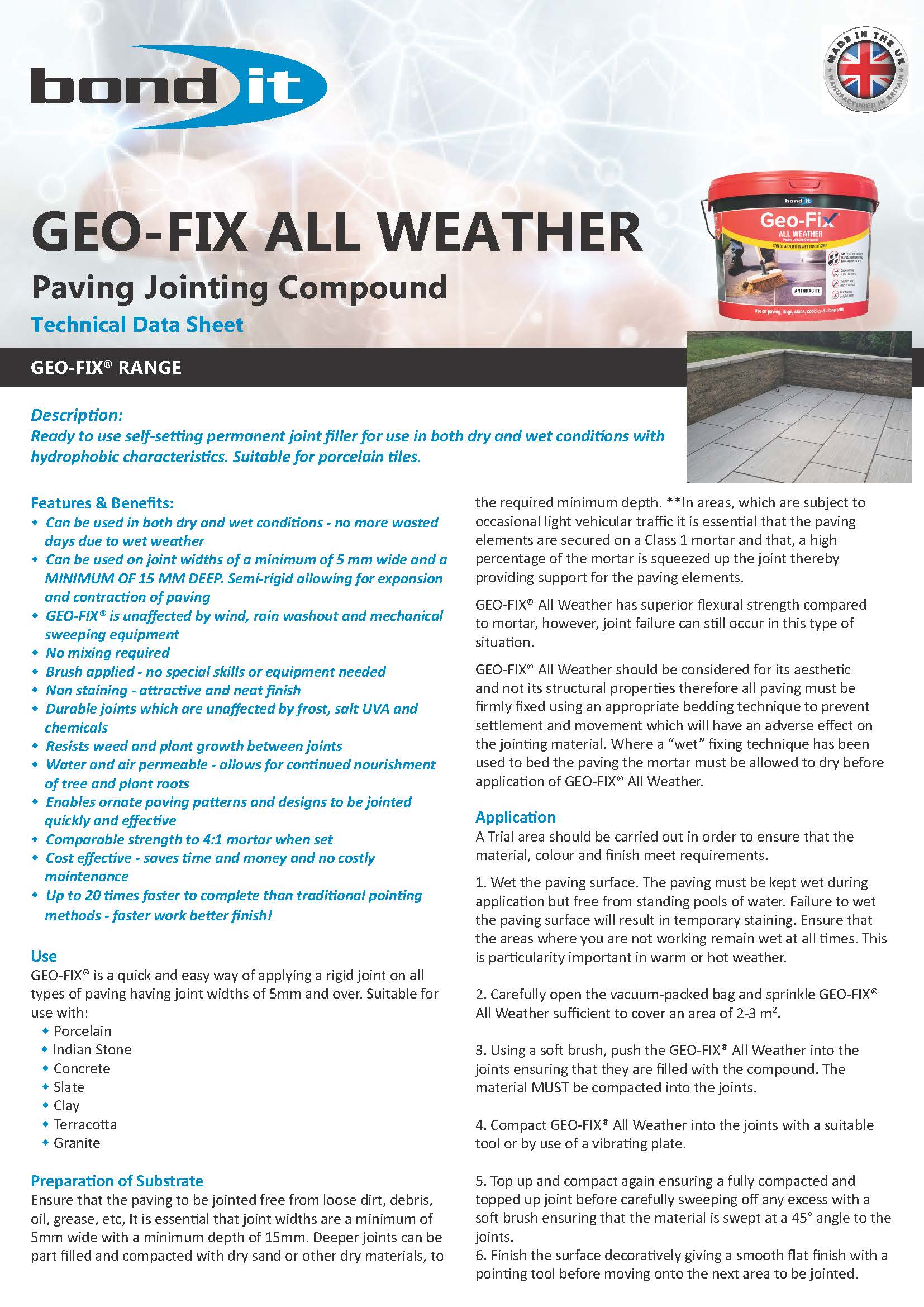 Bond IT Geo-Fix Paving Joint Compound Mid Grey – Ready-to-Use, Weatherproof, Durable Solution for Patios, Driveways, and Pathways - Data Sheet 1