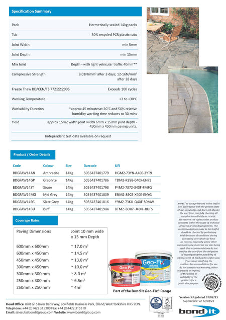Bond IT Geo-Fix Paving Joint Compound Mid Grey – Ready-to-Use, Weatherproof, Durable Solution for Patios, Driveways, and Pathways - Data Sheet 3