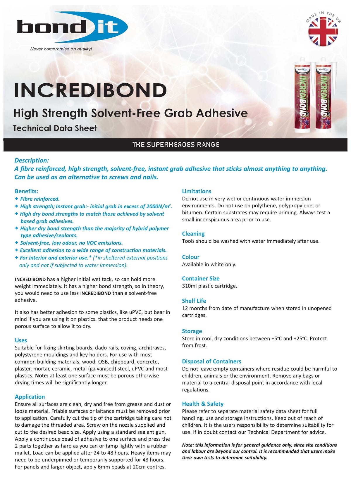 Bond IT - High Strength Solvent-Free Incredi Bond Grab Adhesive 310ml - Data Sheet 1
