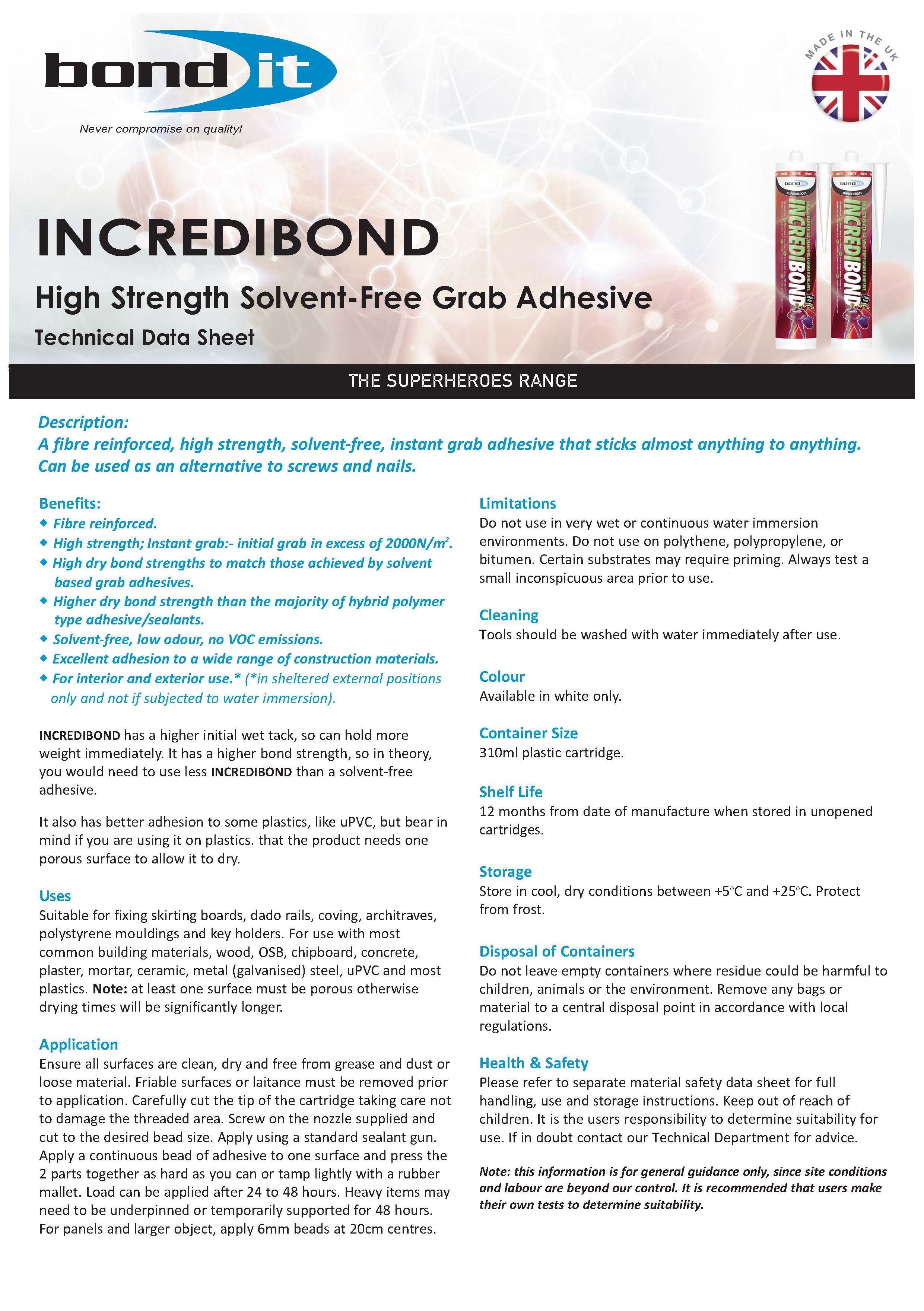 Bond IT - High Strength Solvent-Free Incredi Bond Grab Adhesive 310ml - Data Sheet 1