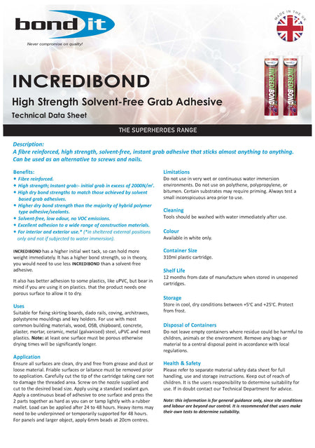 Bond IT - High Strength Solvent-Free Incredi Bond Grab Adhesive 310ml - Data Sheet 1
