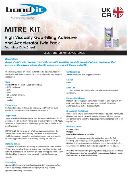 Bond IT - Mitre Mate System Activator & Glue - Data Sheet 1