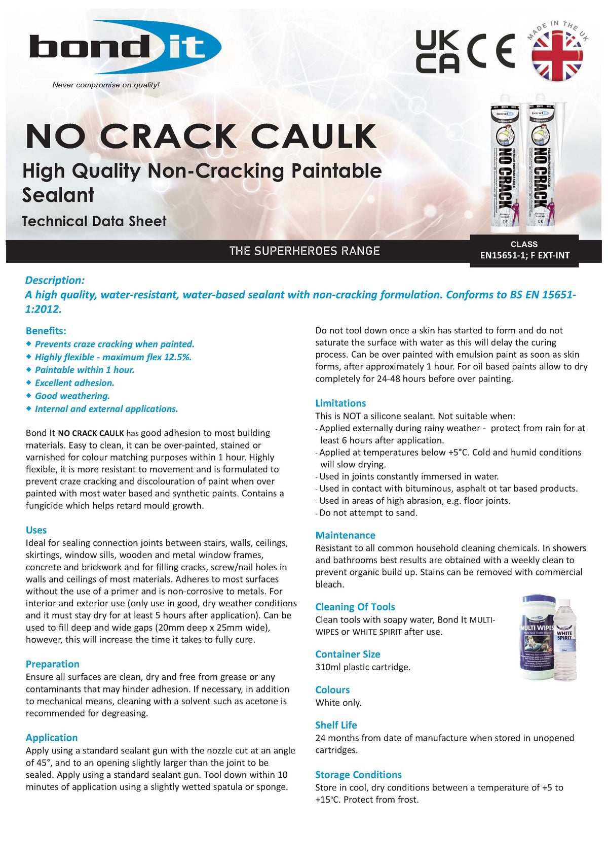 Bond IT - Premium Paintable No Crack Caulk 310ml - Data sheet 1