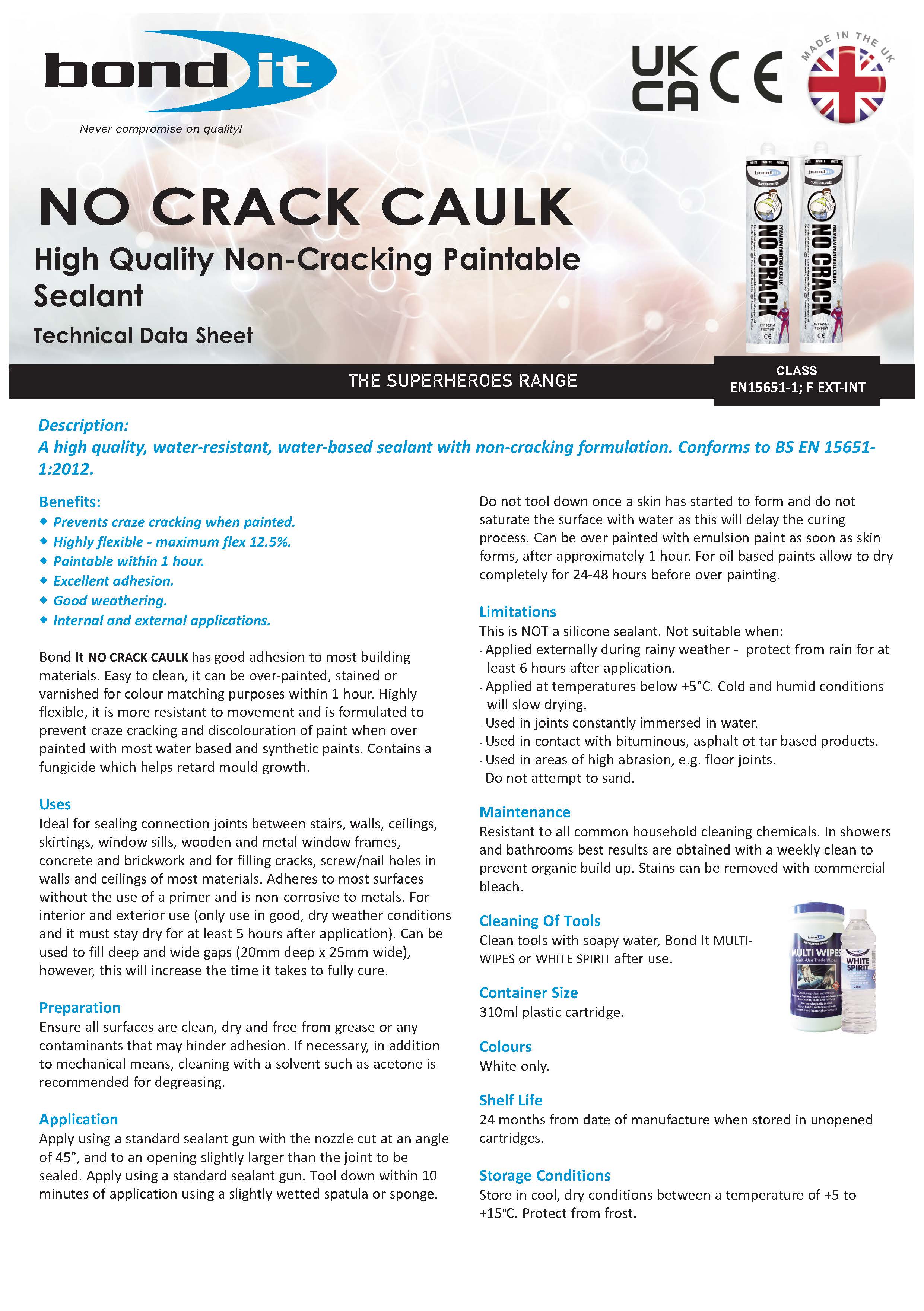 Bond IT - Premium Paintable No Crack Caulk 310ml - Data sheet 1
