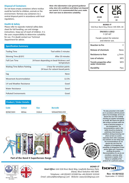 Bond IT - Premium Paintable No Crack Caulk 310ml - Data Sheet 2