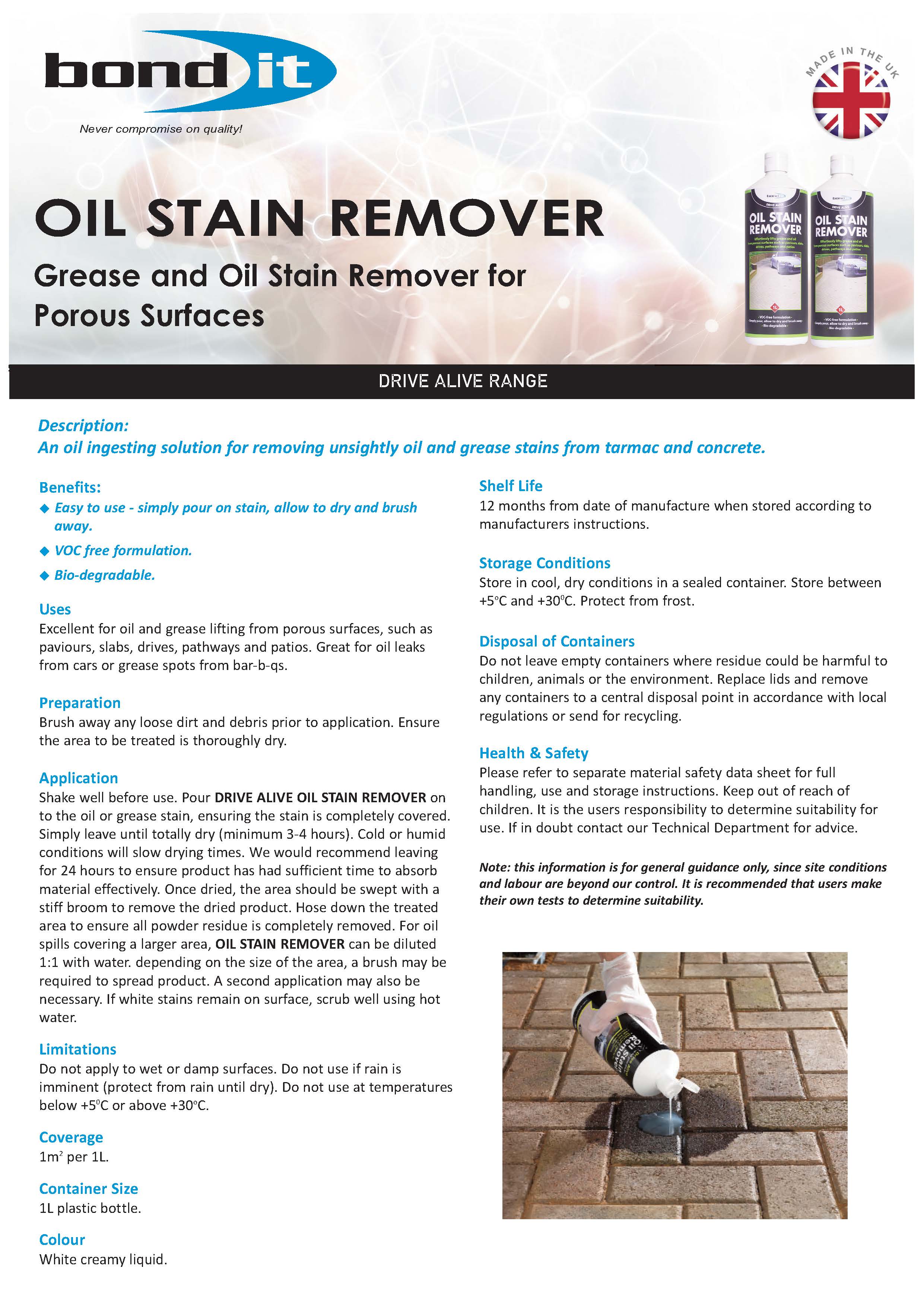 Bond IT - Drive-Alive Oil Stain Remover, slabs, patios, drives 1L - Data Sheet 1