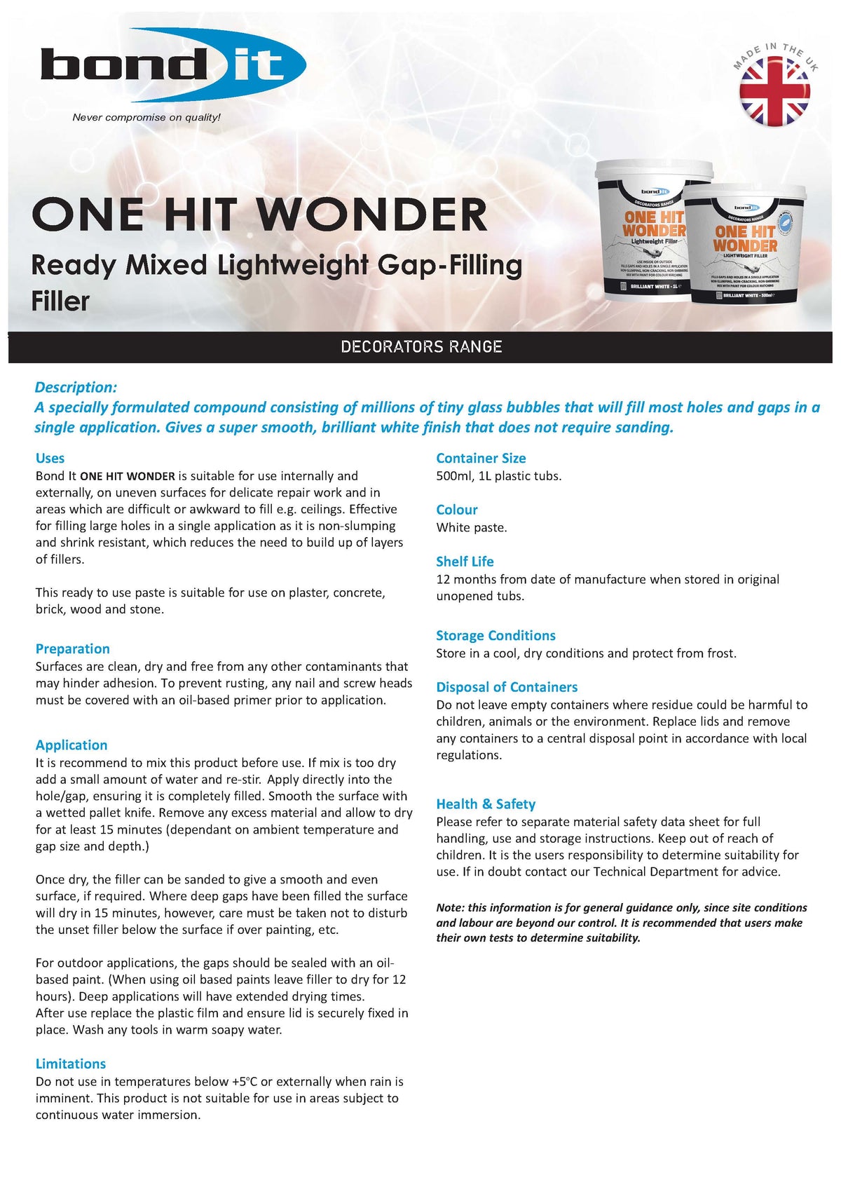 Bond IT - One Hit Wonder Light Weight Filler 1L - Data Sheet 1