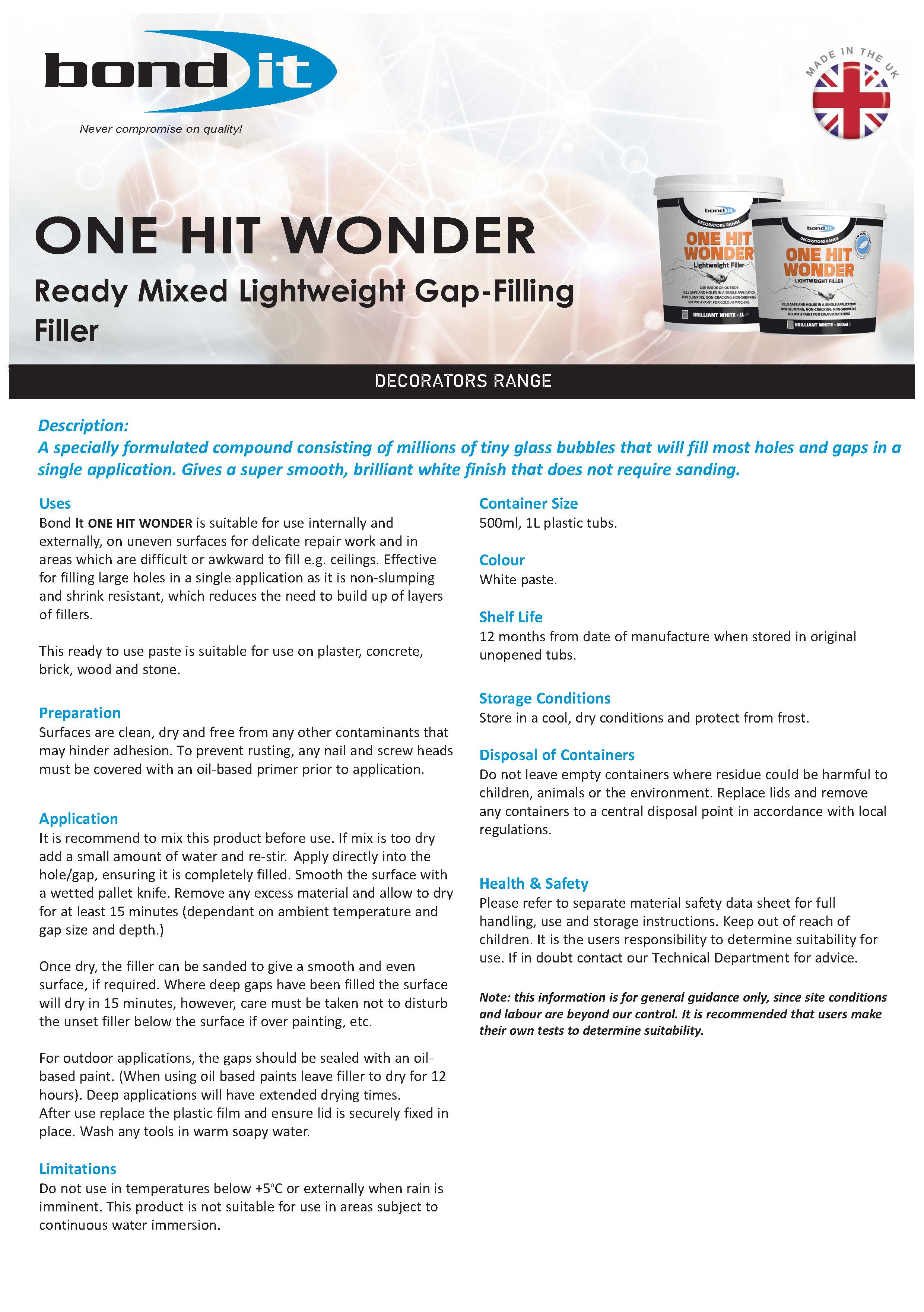 Bond IT - One Hit Wonder Light Weight Filler 1L - Data Sheet 1