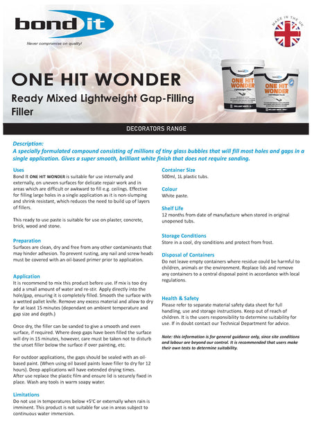 Bond IT - One Hit Wonder Light Weight Filler 1L - Data Sheet 1