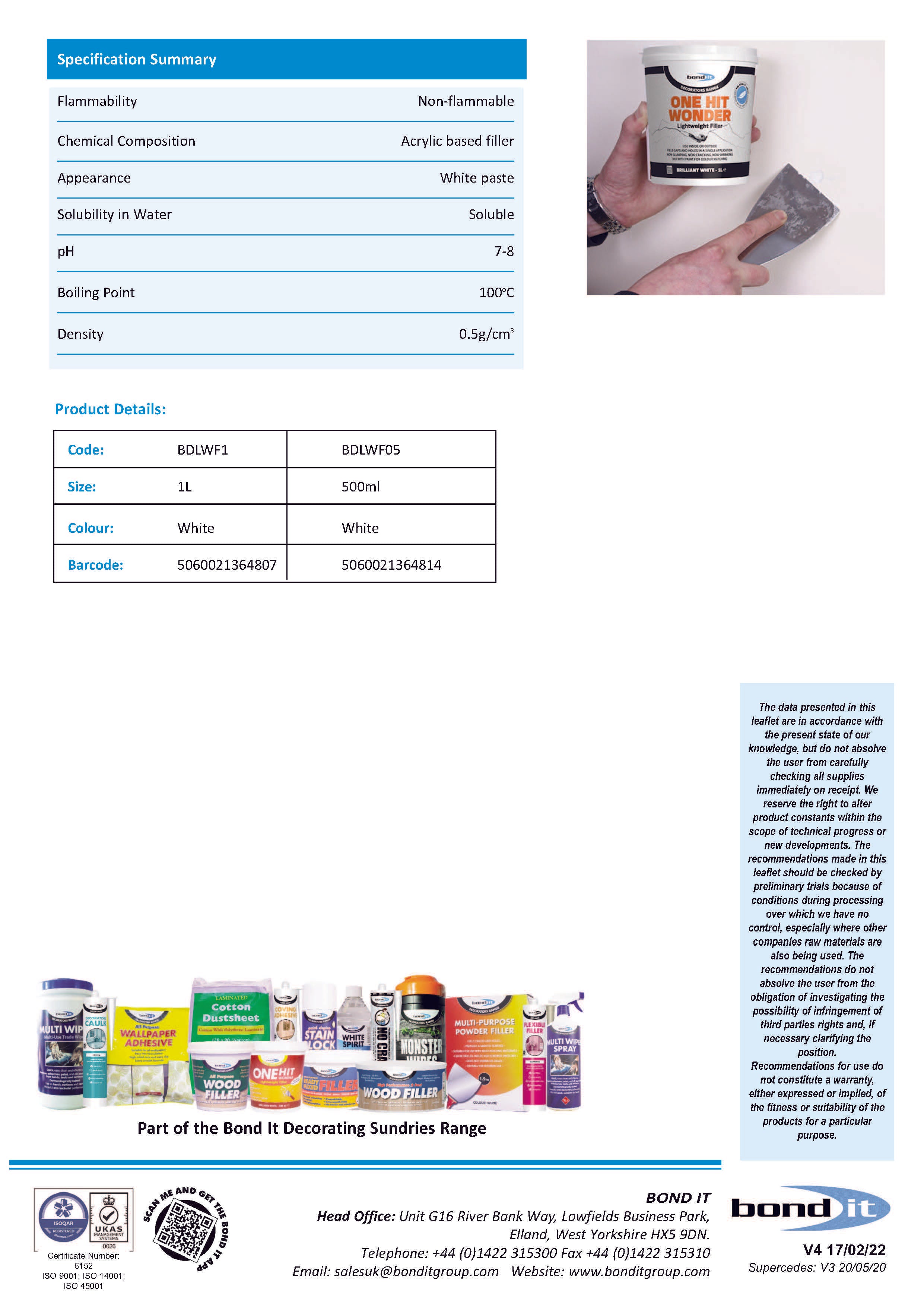 Bond IT - One Hit Wonder Light Weight Filler 1L - Data Sheet 2