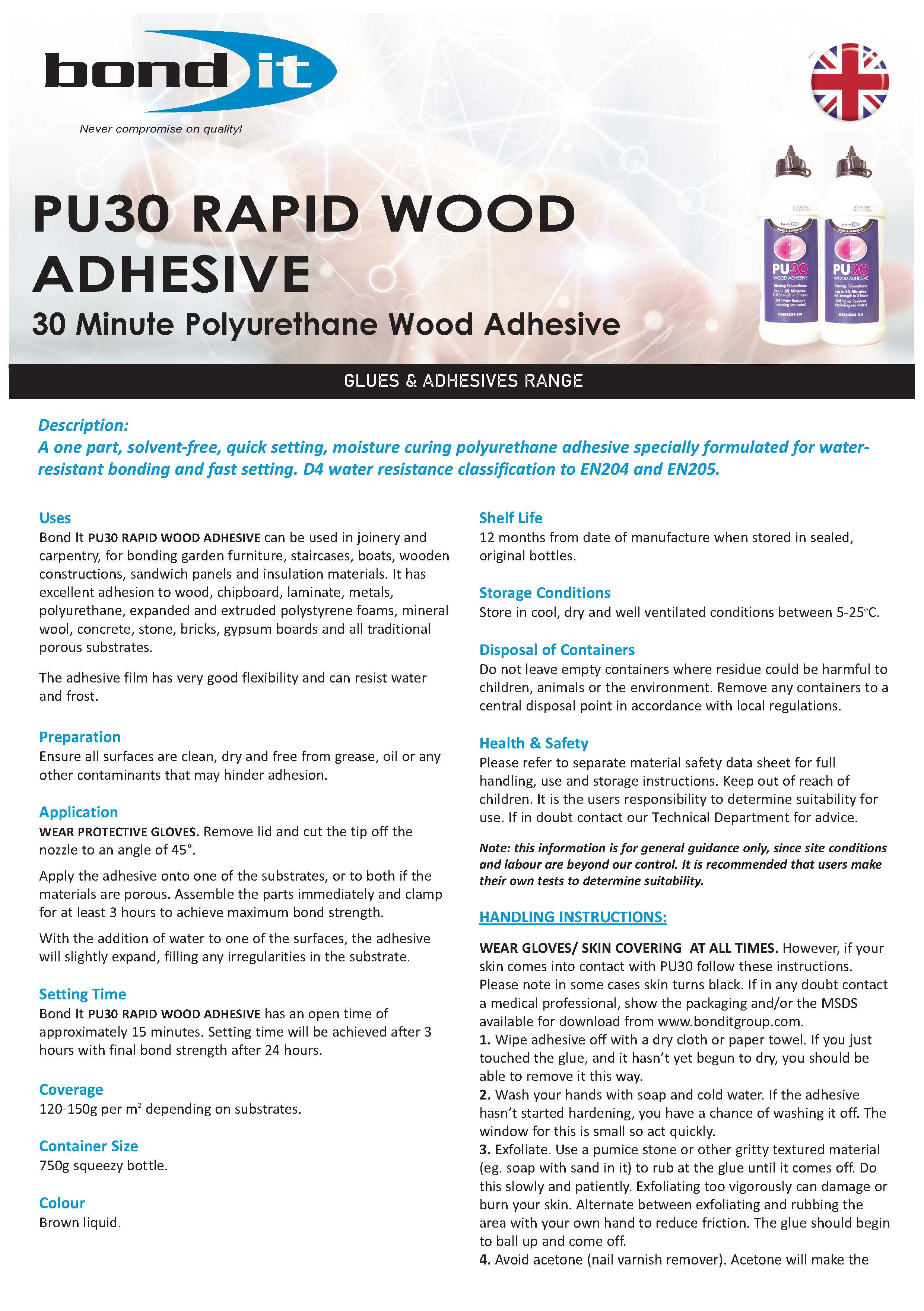 Bond IT PU30 Wood Glue – High-Strength, Waterproof, Fast-Curing Adhesive for Durable Indoor & Outdoor Bonding - Data Sheet 1
