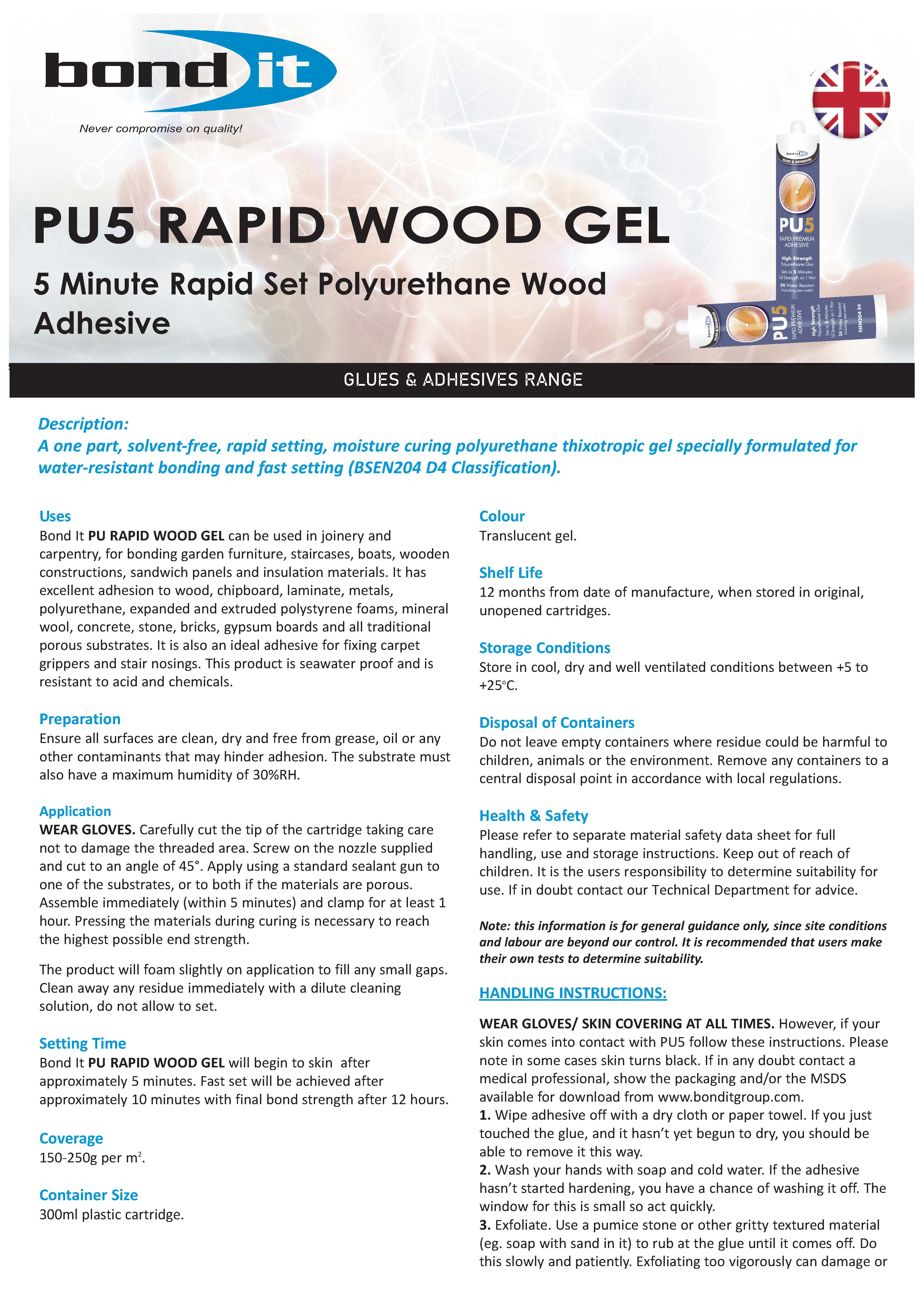Bond IT PU5 Multi-Purpose Adhesive – Strong, Fast-Curing, Weather-Resistant Bonding for Wood, Metals, Ceramics, and More - Data Sheet 1