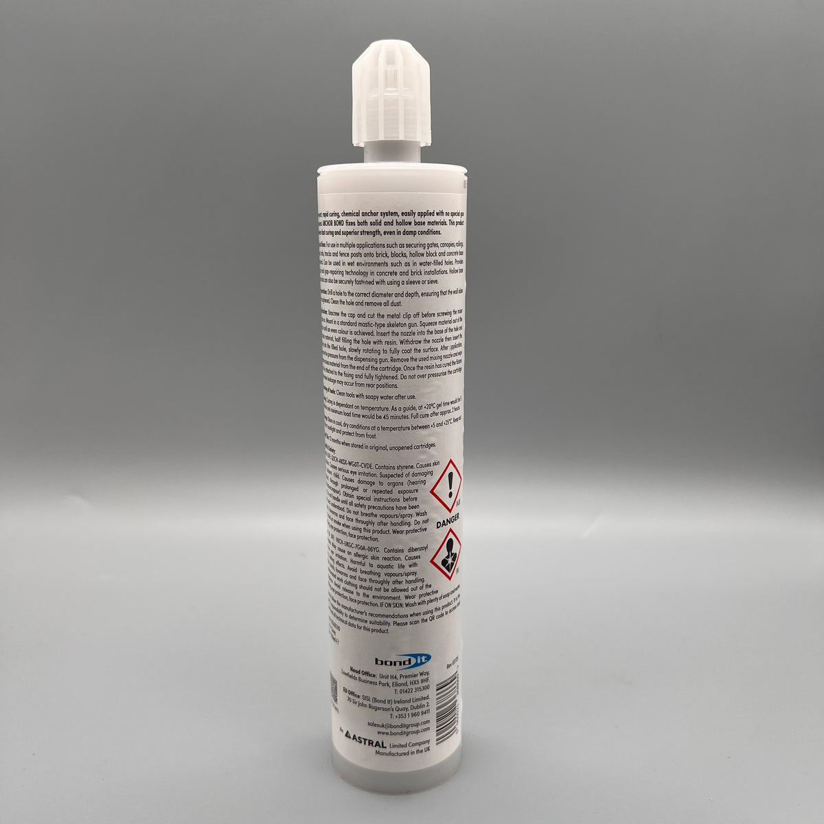 Back view of Bond It Anchor Bond 310ml cartridge showing product information and instructions