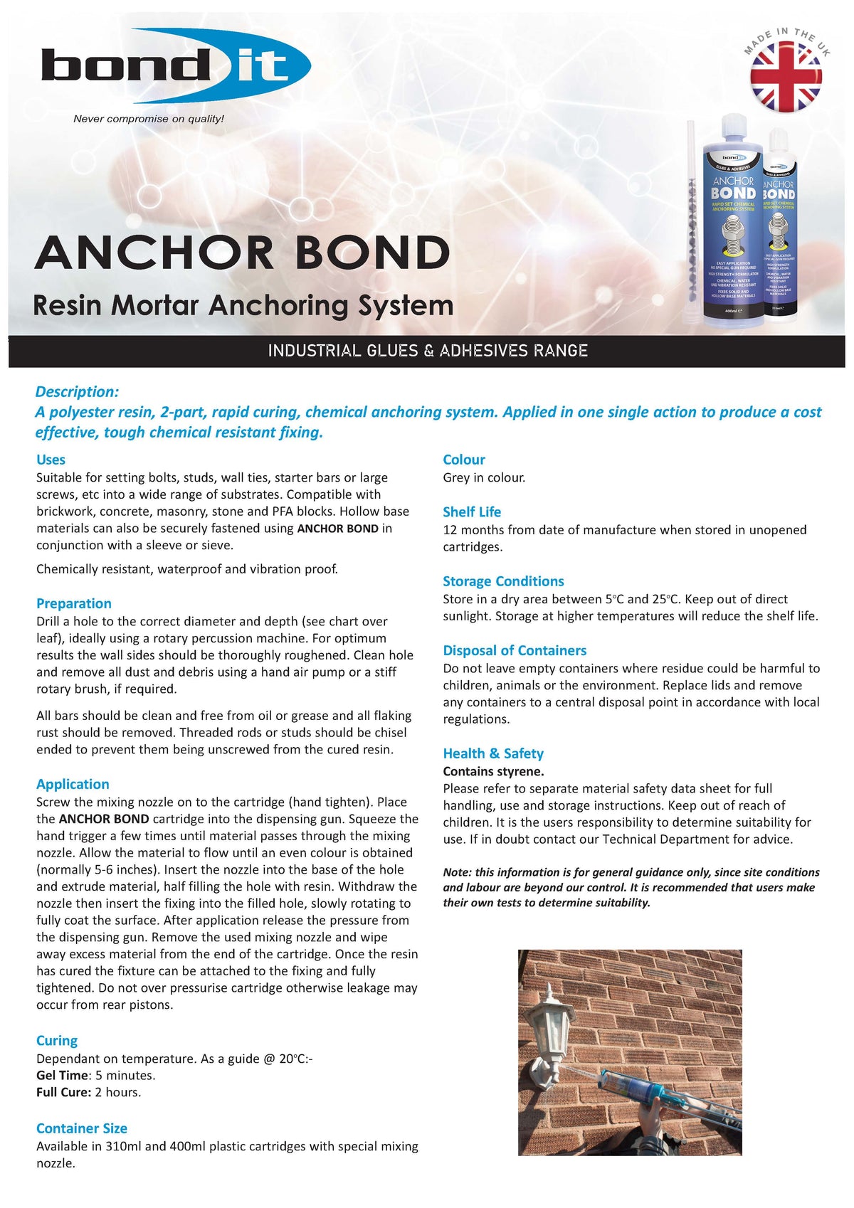 Technical data sheet 1 for Bond It Anchor Bond chemical anchor resin with specifications and usage information