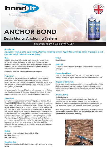 Technical data sheet 1 for Bond It Anchor Bond chemical anchor resin with specifications and usage information