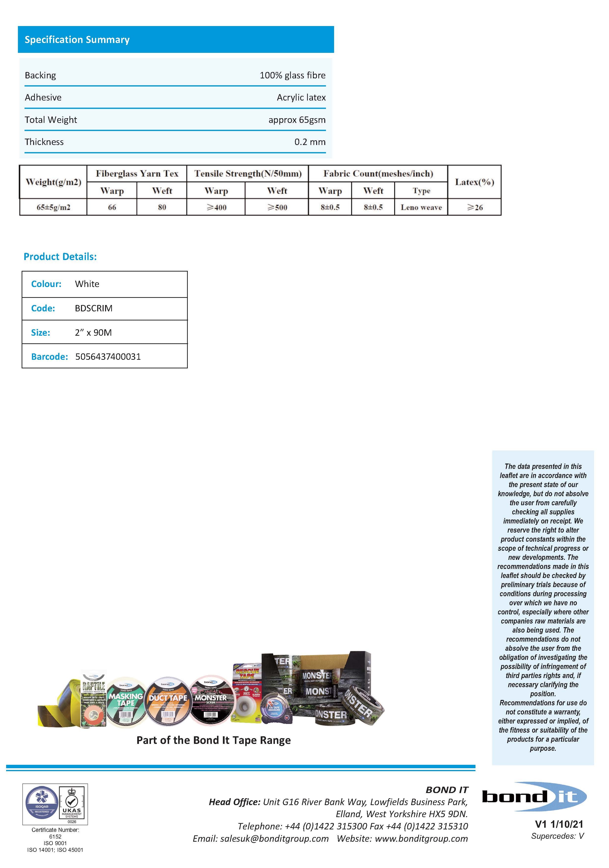Bond IT - Fibreglass Mesh Scrim Tape 50mm x 90M - Data Sheet 2