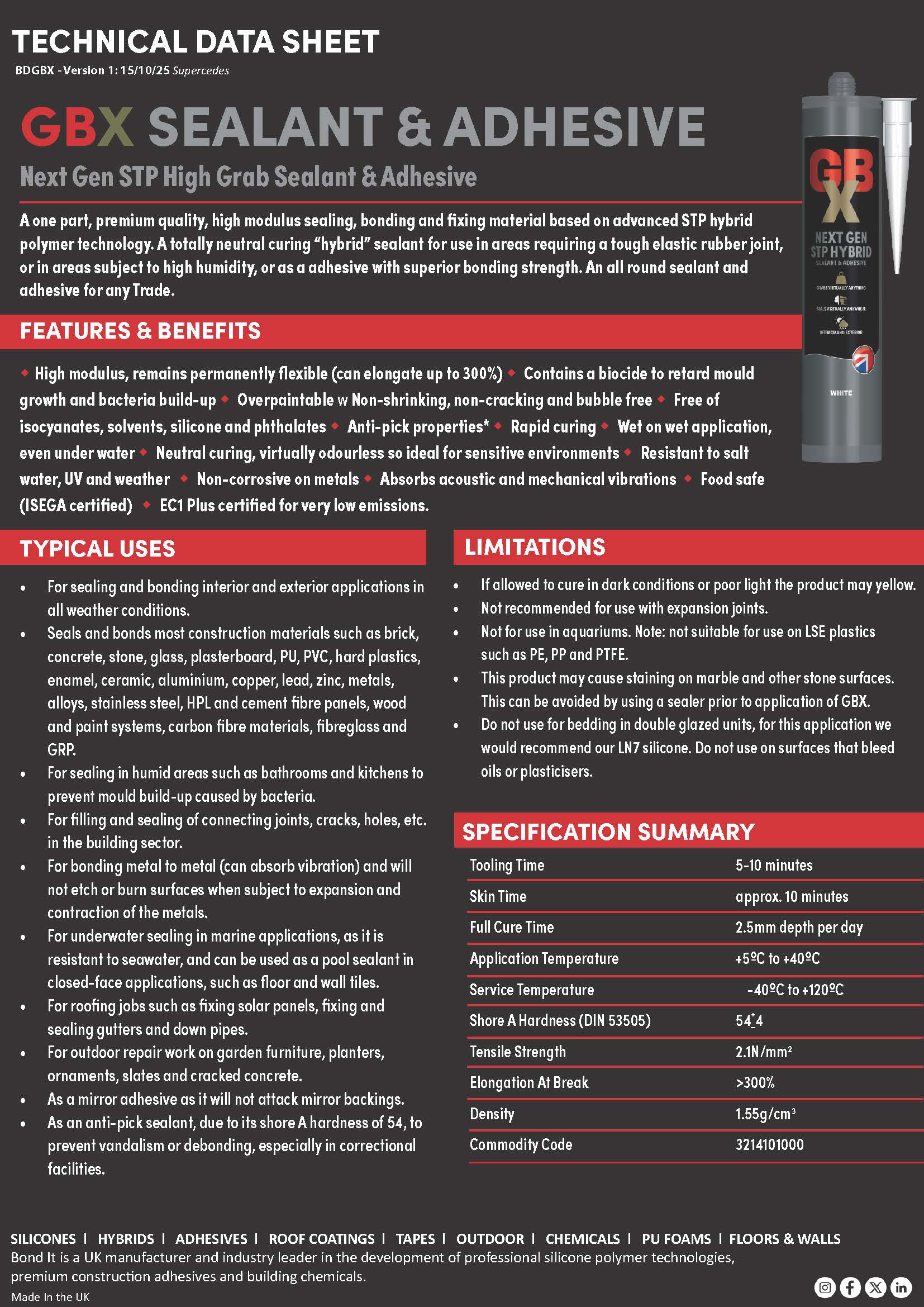 GBX STP Hybrid Sealant & Adhesive 310 ml cartridge Data Sheet 1