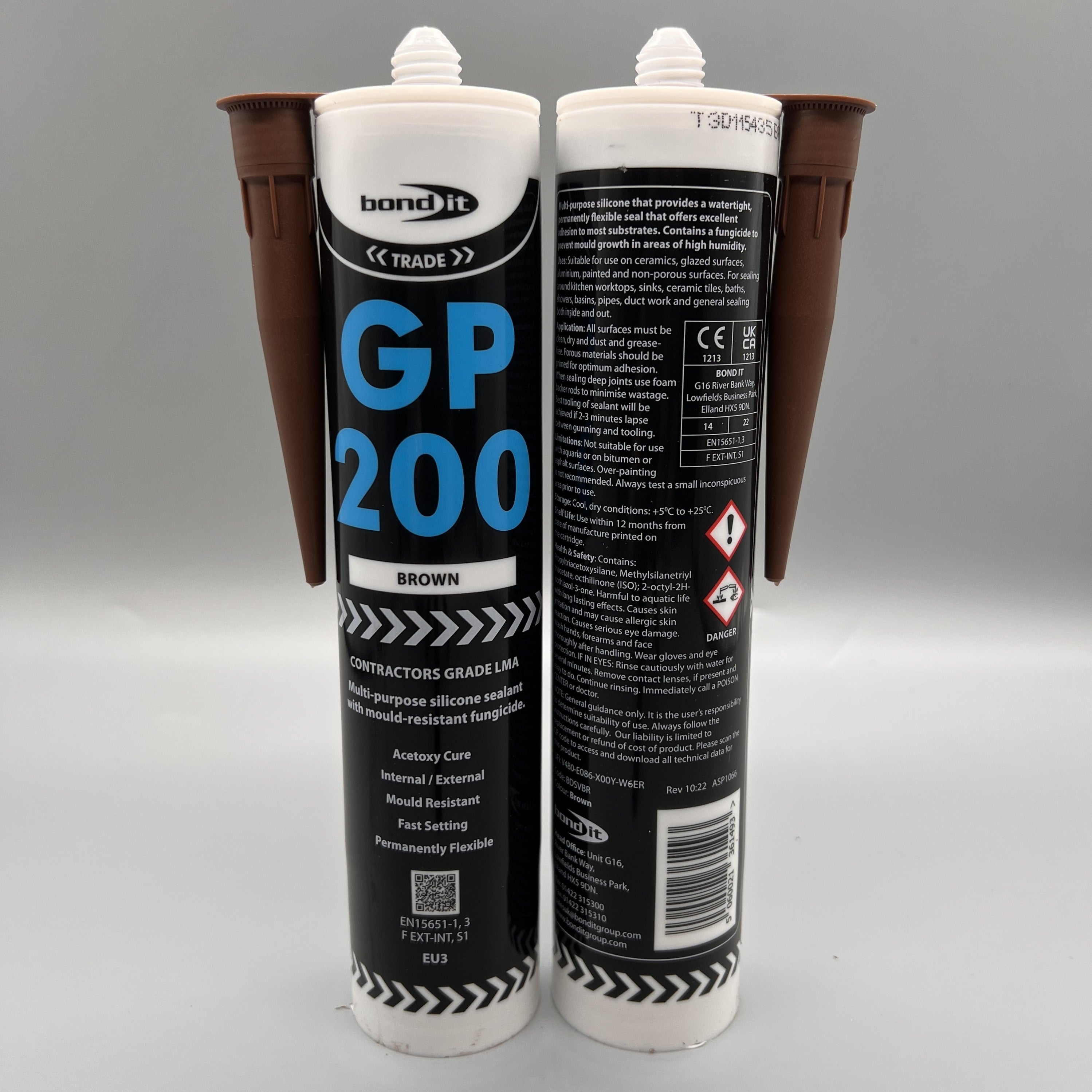 Front and Back view of Bond It GP200 General Purpose Brown Silicone Sealant 310ml with instructions and safety information and a front view