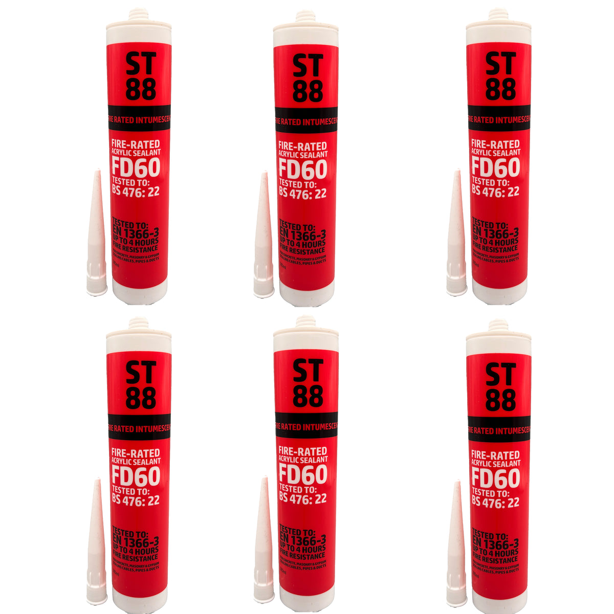 Six tubes of ST 88 fire-rated sealant on a white background