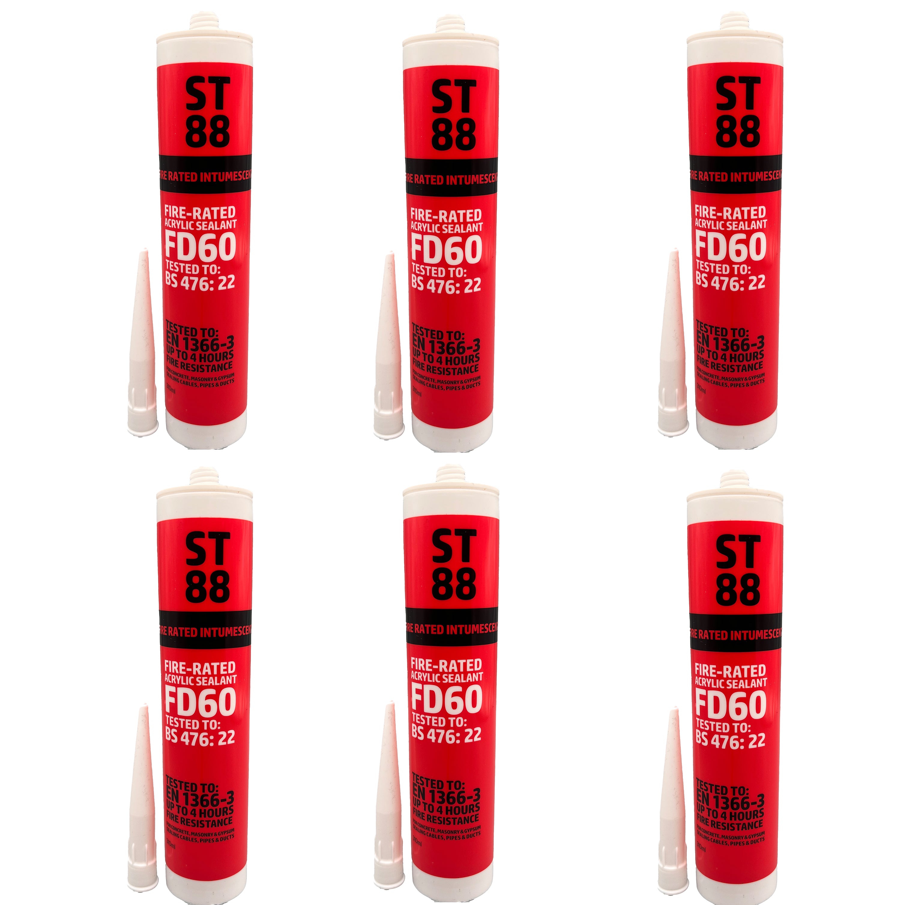 Six tubes of ST 88 fire-rated sealant on a white background