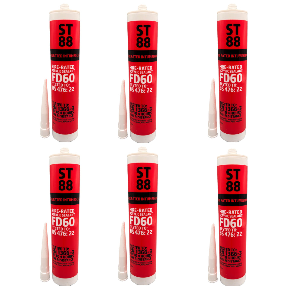Six tubes of ST 88 fire-rated sealant on a white background