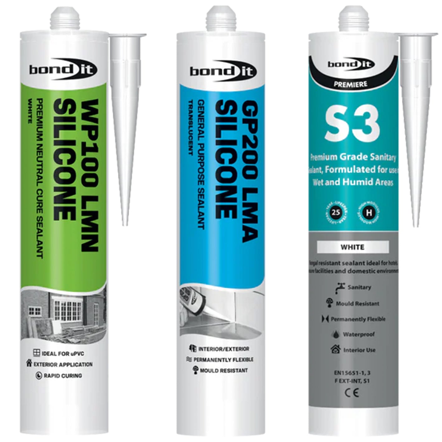 Three tubes of bondit silicone sealants on a white background