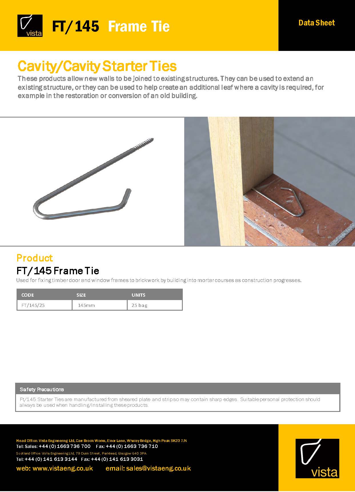 Vista Engineering - FT/145/25 - Frame Tie - 145mm - Bag/25 - Data Sheet