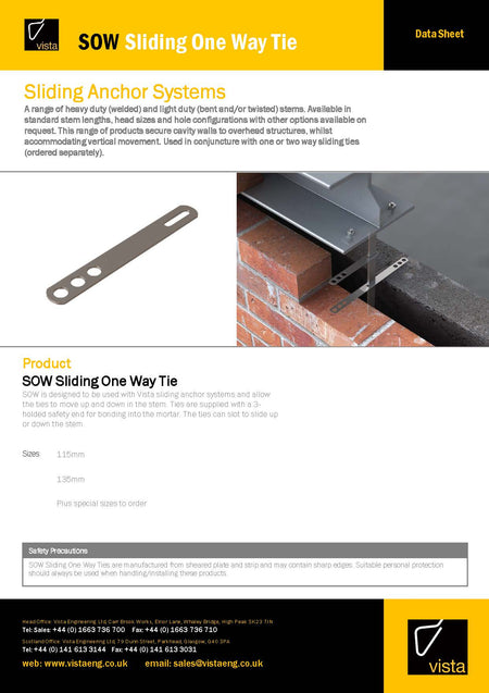 Vista Engineering - SOW-STST - Sliding One Way Tie - 115mm-135mm - 250/BOX - Product Data Sheet