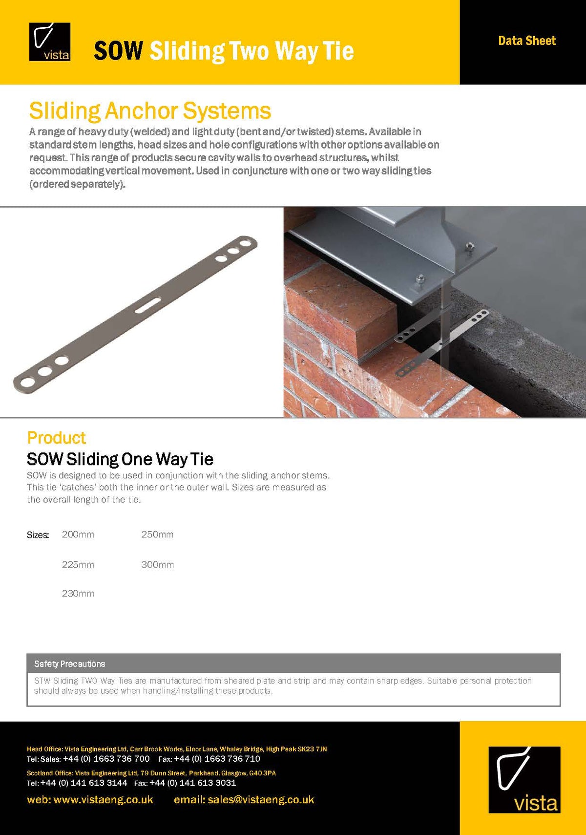 Vista Engineering - STW-STST - Sliding Two Way Tie - 200mm-230mm - BOX/250 - Product Data Sheet
