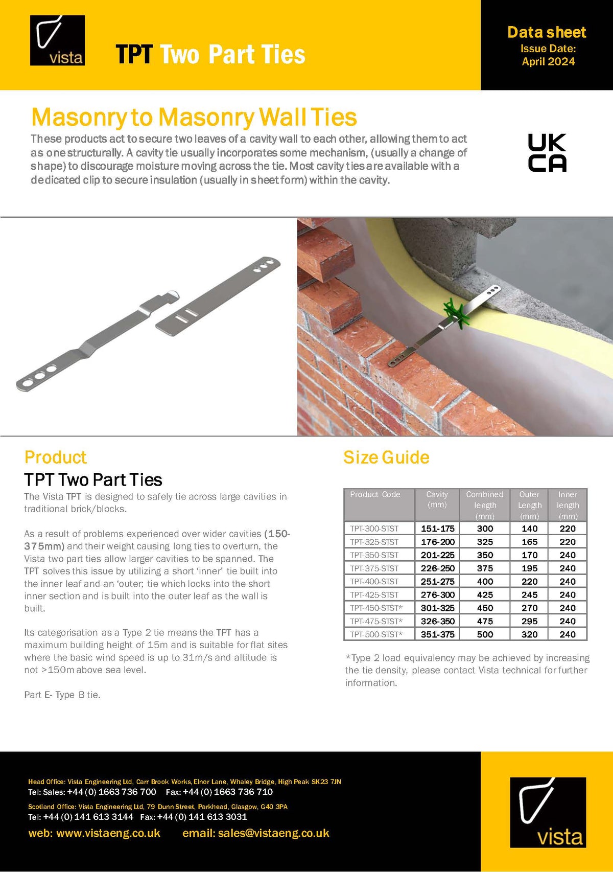 Vista Engineering - TPT-STST - Two Part Ties - 300mm - 450mm - BOX/100 - BOX/200 - Data Sheet 1