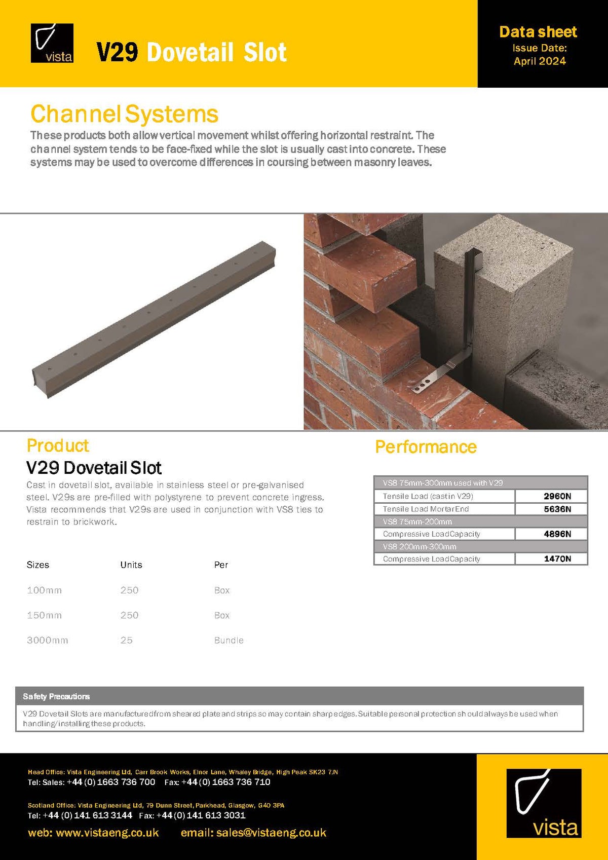 Vista Engineering - V29-STST - Dovetail Slot 100mm - 3000mm Long Stainless Steel - Product Data Sheet