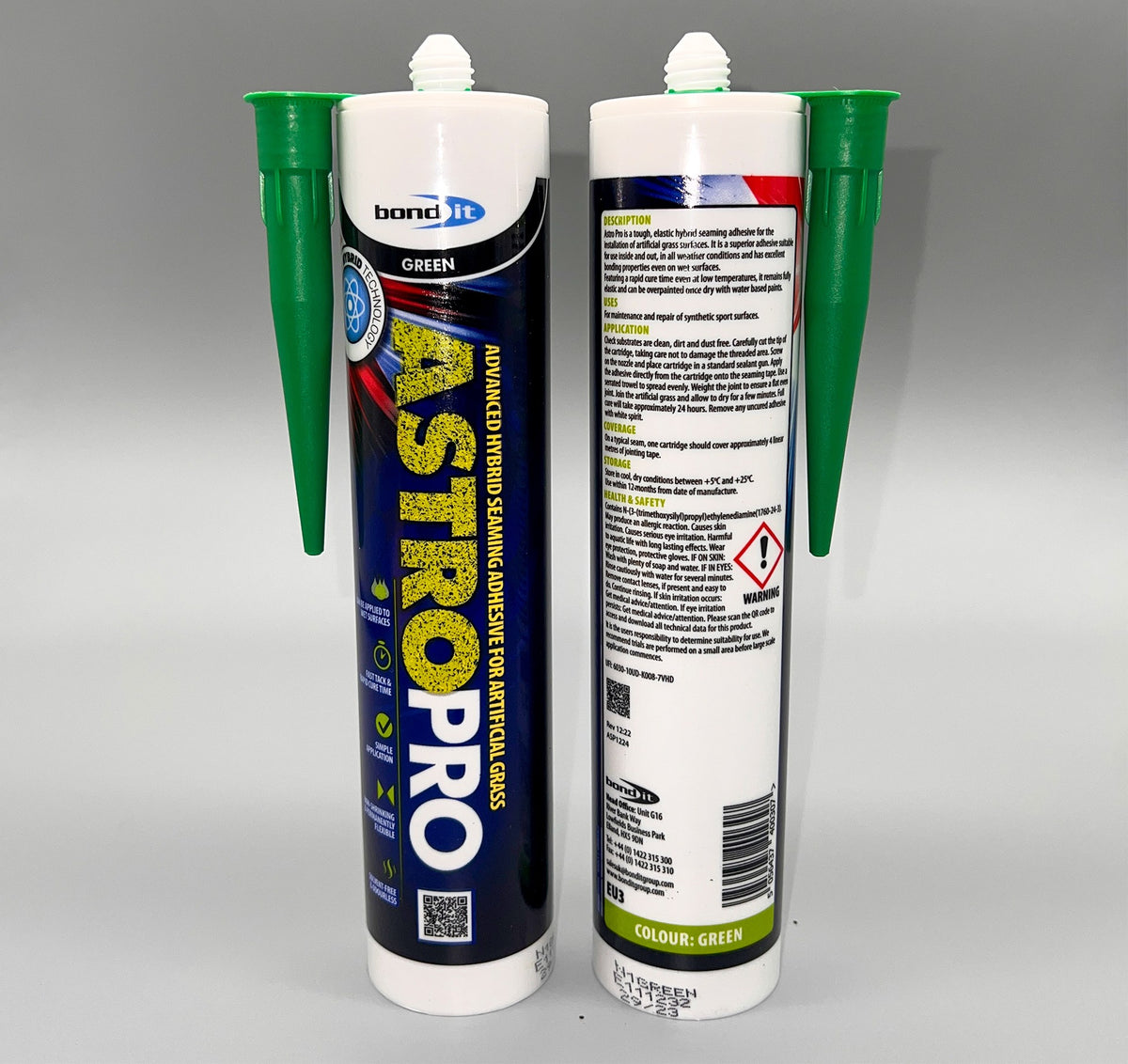 Front label and back label of Bond It Astro Pro 285ml green hybrid artificial grass seaming adhesive