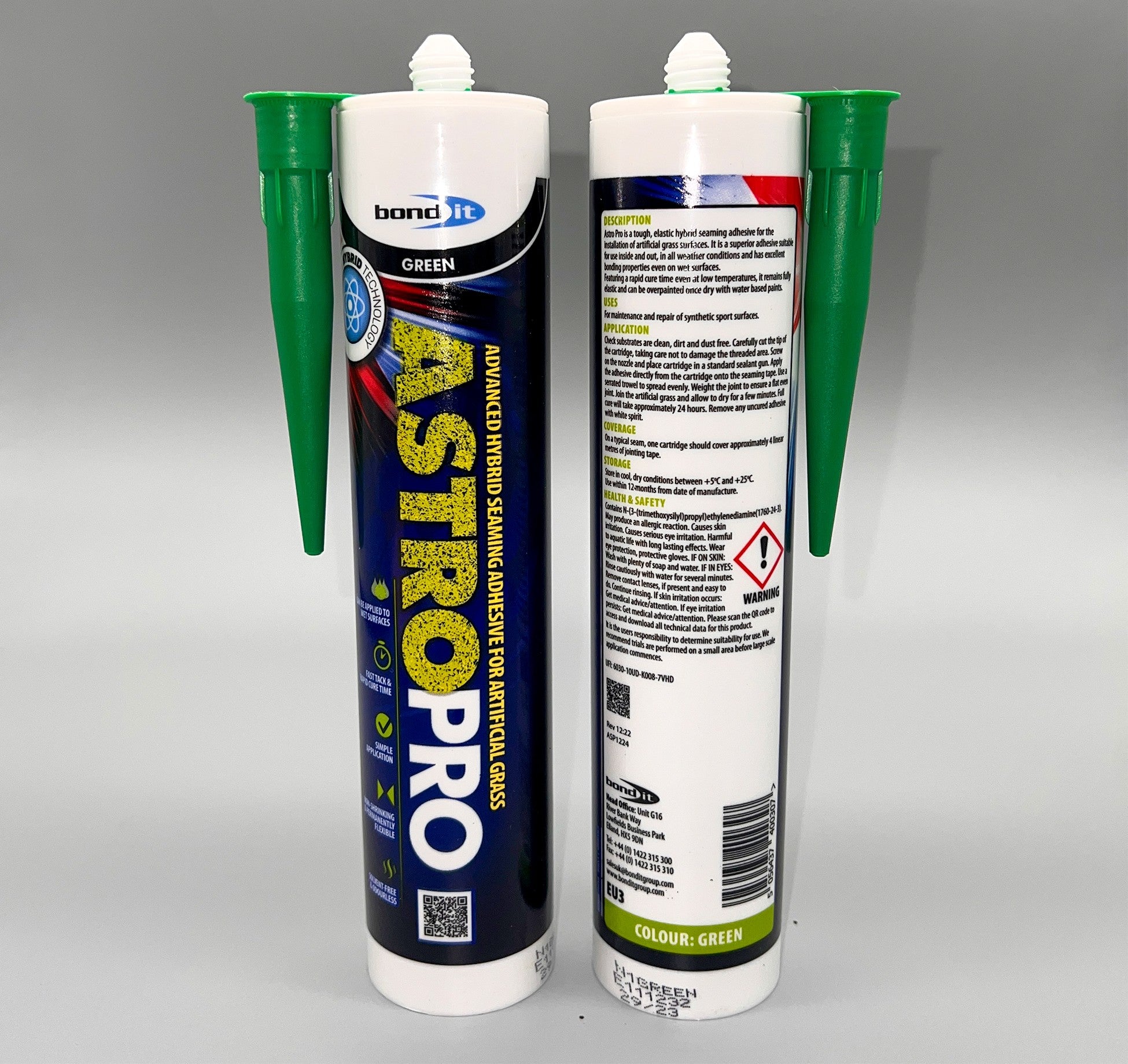 Front label and back label of Bond It Astro Pro 285ml green hybrid artificial grass seaming adhesive
