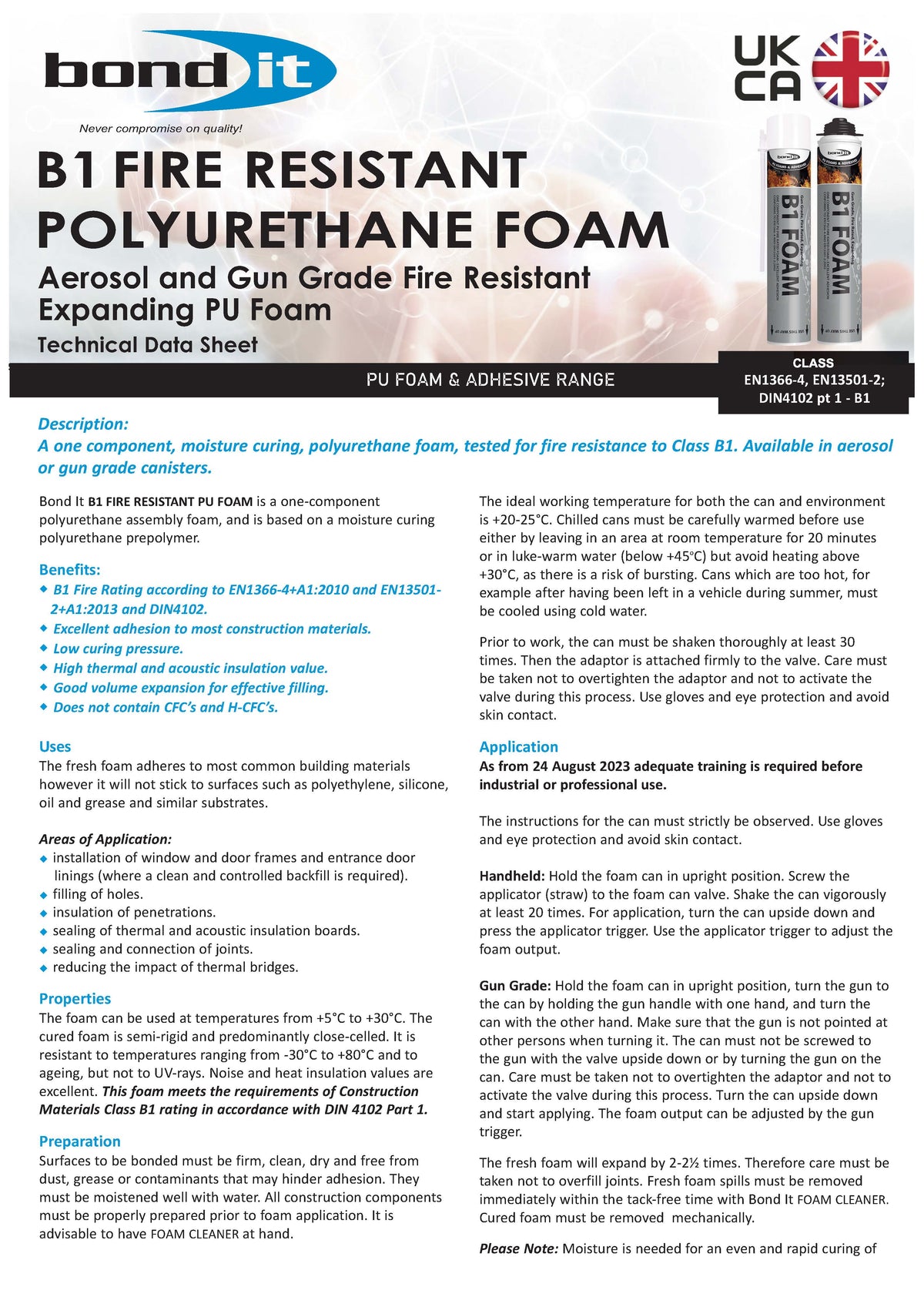 Bond It B1 fire resistant expanding PU foam technical data sheet (TDS) 1