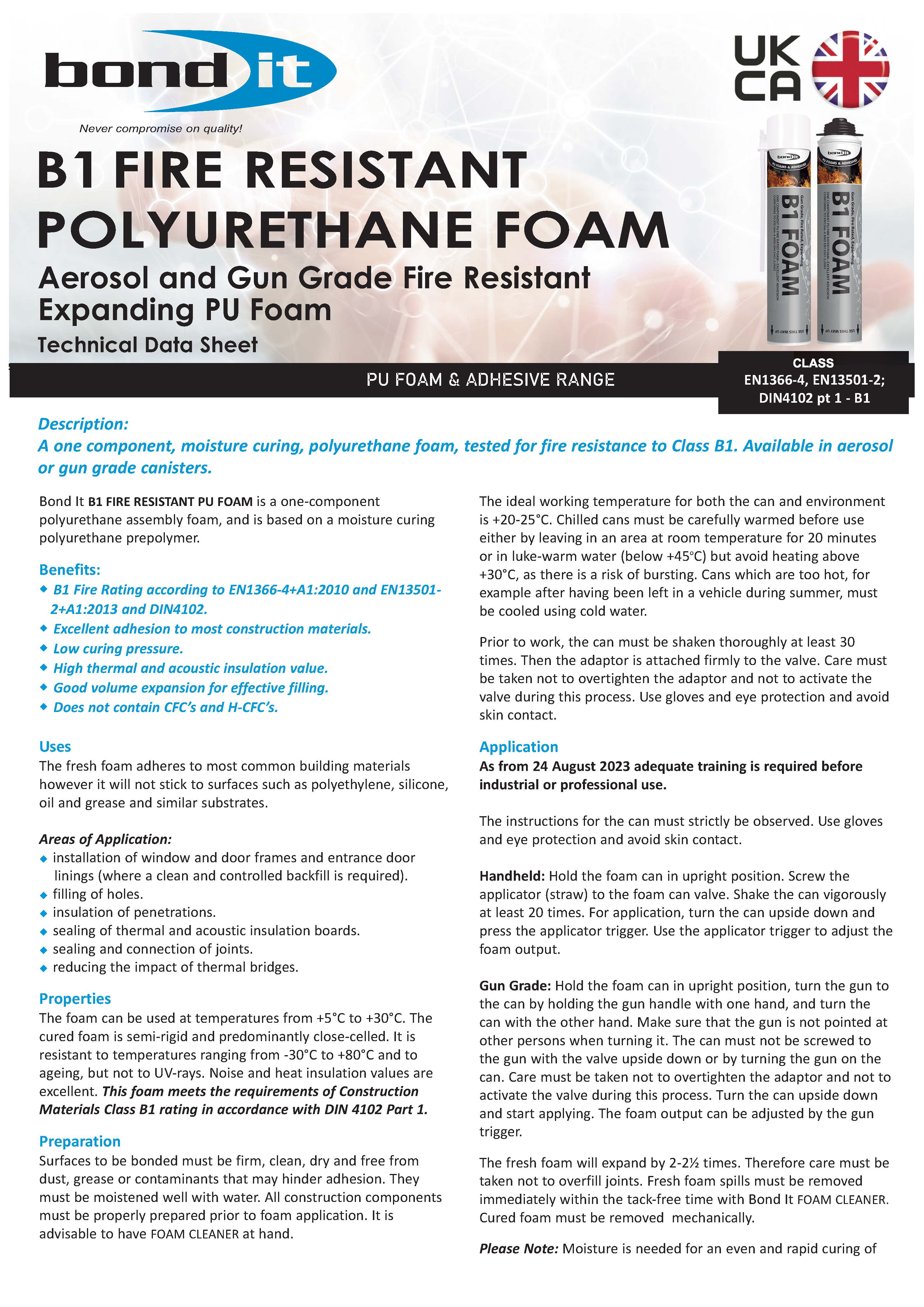 Bond It B1 fire resistant expanding PU foam technical data sheet (TDS) 1