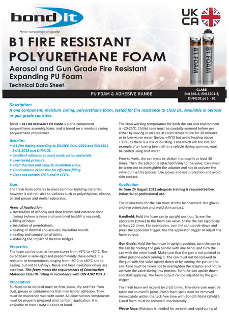 Bond It B1 fire resistant expanding PU foam technical data sheet (TDS) 1