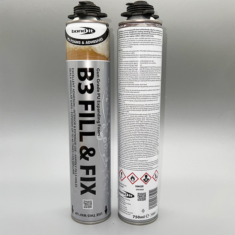 Front label and back instructions of Bond It B3 Fill & Fix expanding PU foam 750ml gun grade