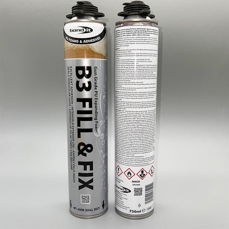 Front label and back instructions of Bond It B3 Fill & Fix expanding PU foam 750ml gun grade
